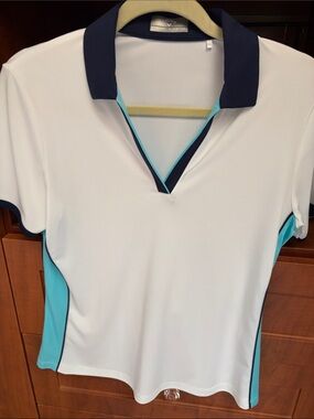 Callaway White Polo with Navy Collar and Aqua Side Panels